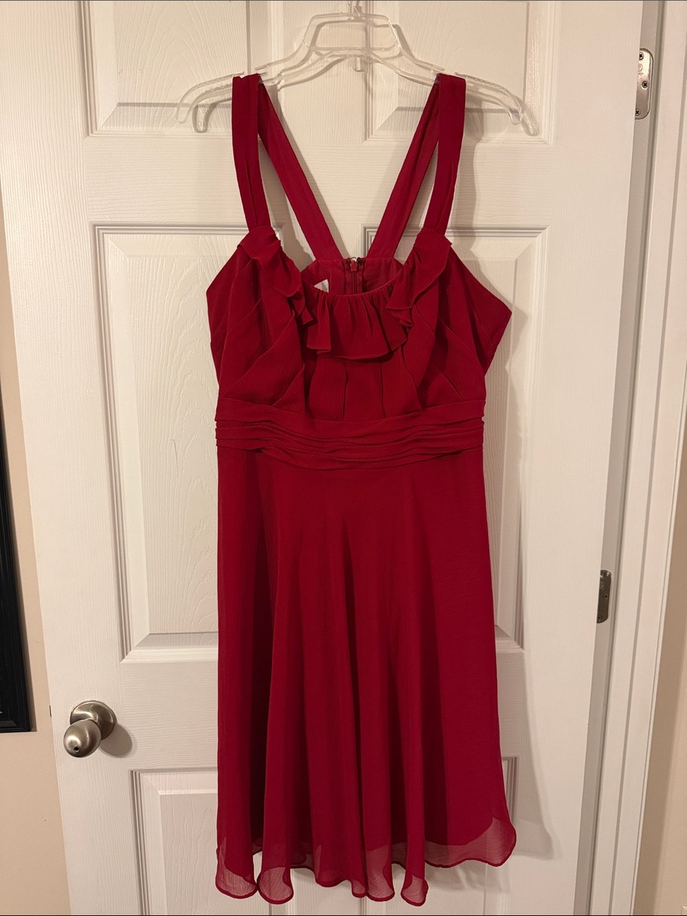 David’s Bridal Red Ruffle-Front Sleeveless Dress